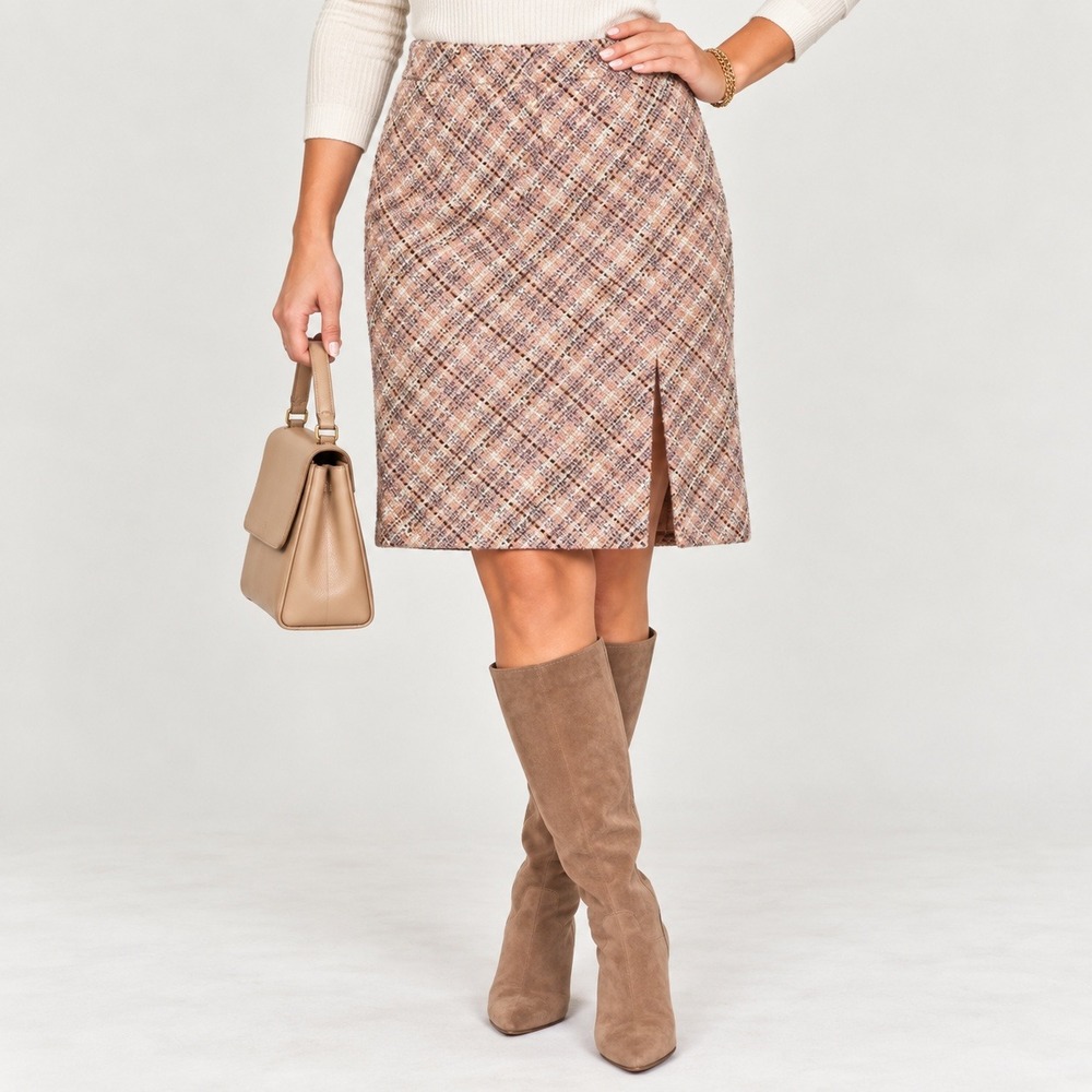 Ann Taylor LOFT Women 8 Wool Tweed Plaid Pencil Skirt Pink Academia Heritage NWT